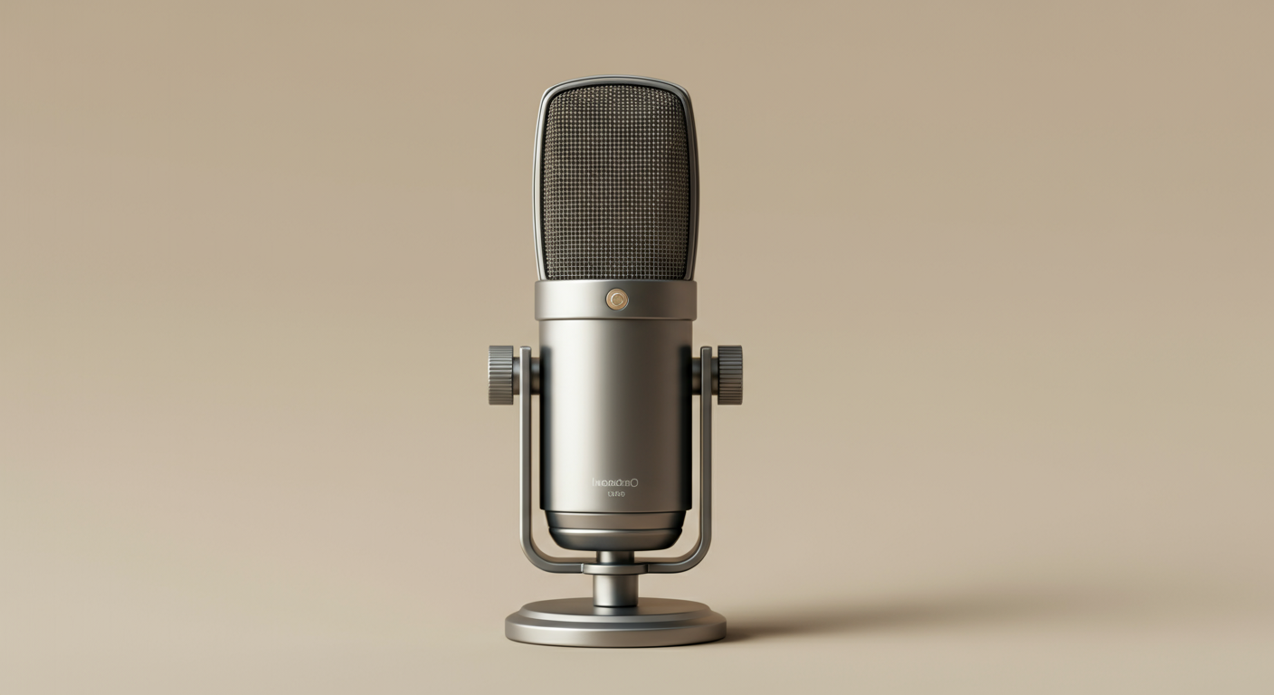 A professional studio microphone with a silver body and black grille on a beige background.