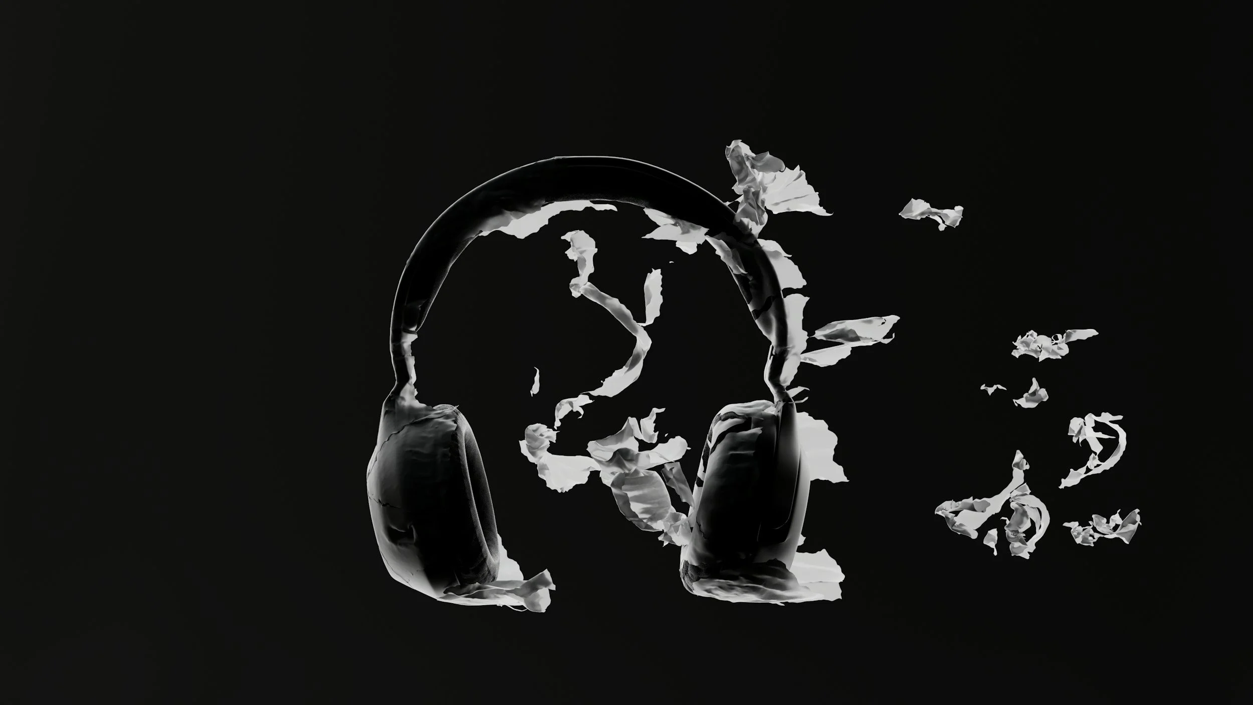A pair of black over-ear headphones with torn white paper scattered around, placed against a black background.