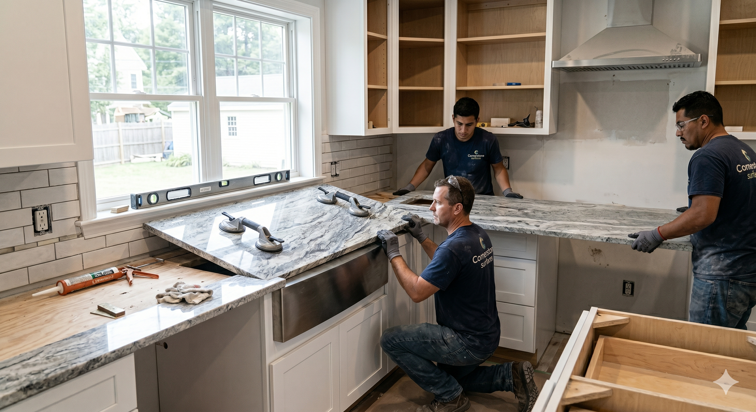 Three workers installing a granite kitchen countertop in a new kitchen with white cabinets and a large window.