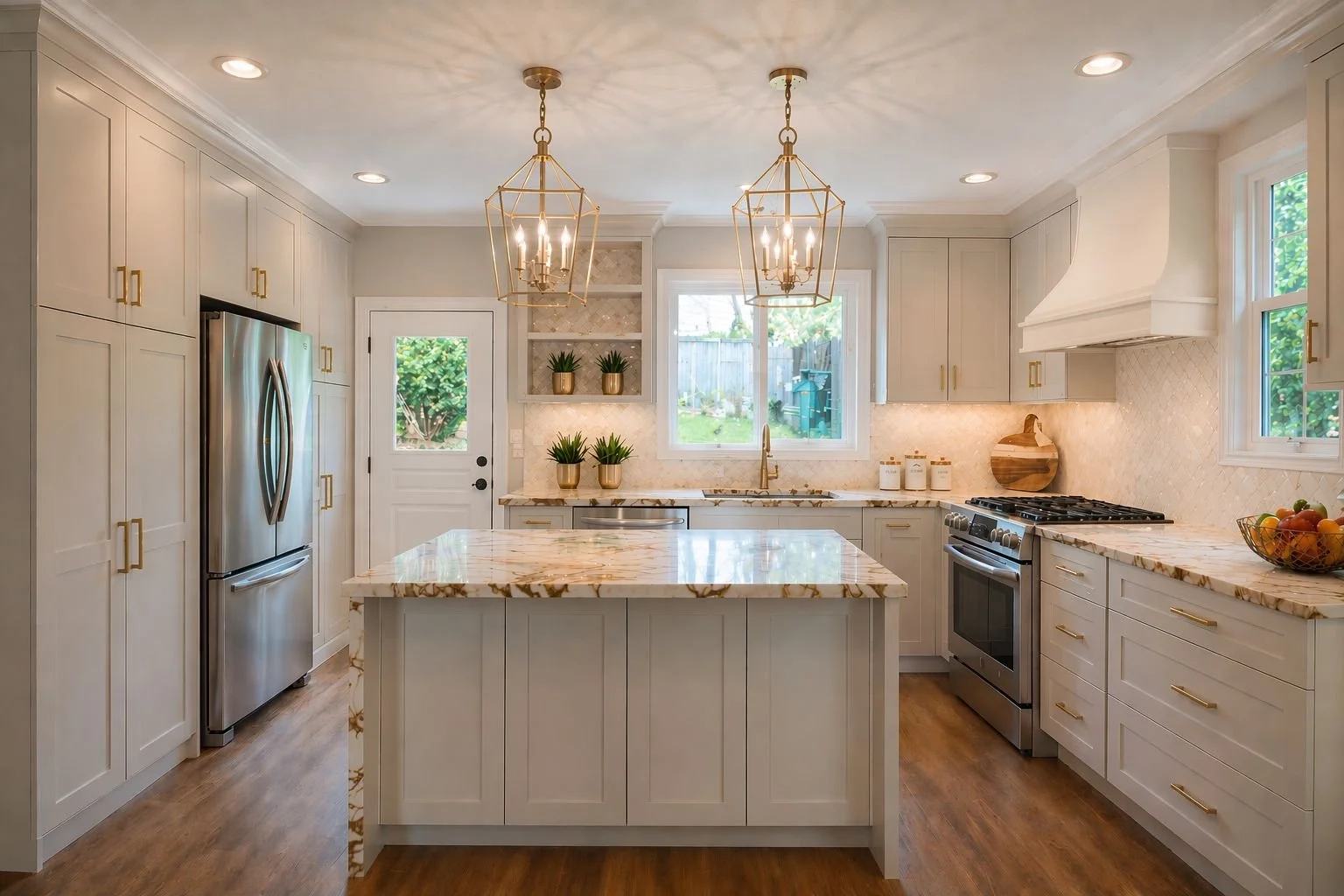 Bright, modern kitchen with white cabinets, marble countertops, and stainless steel appliances. Two pendant lights hang over a central island, with windows showing a green backyard. Gold hardware adds a touch of luxury.