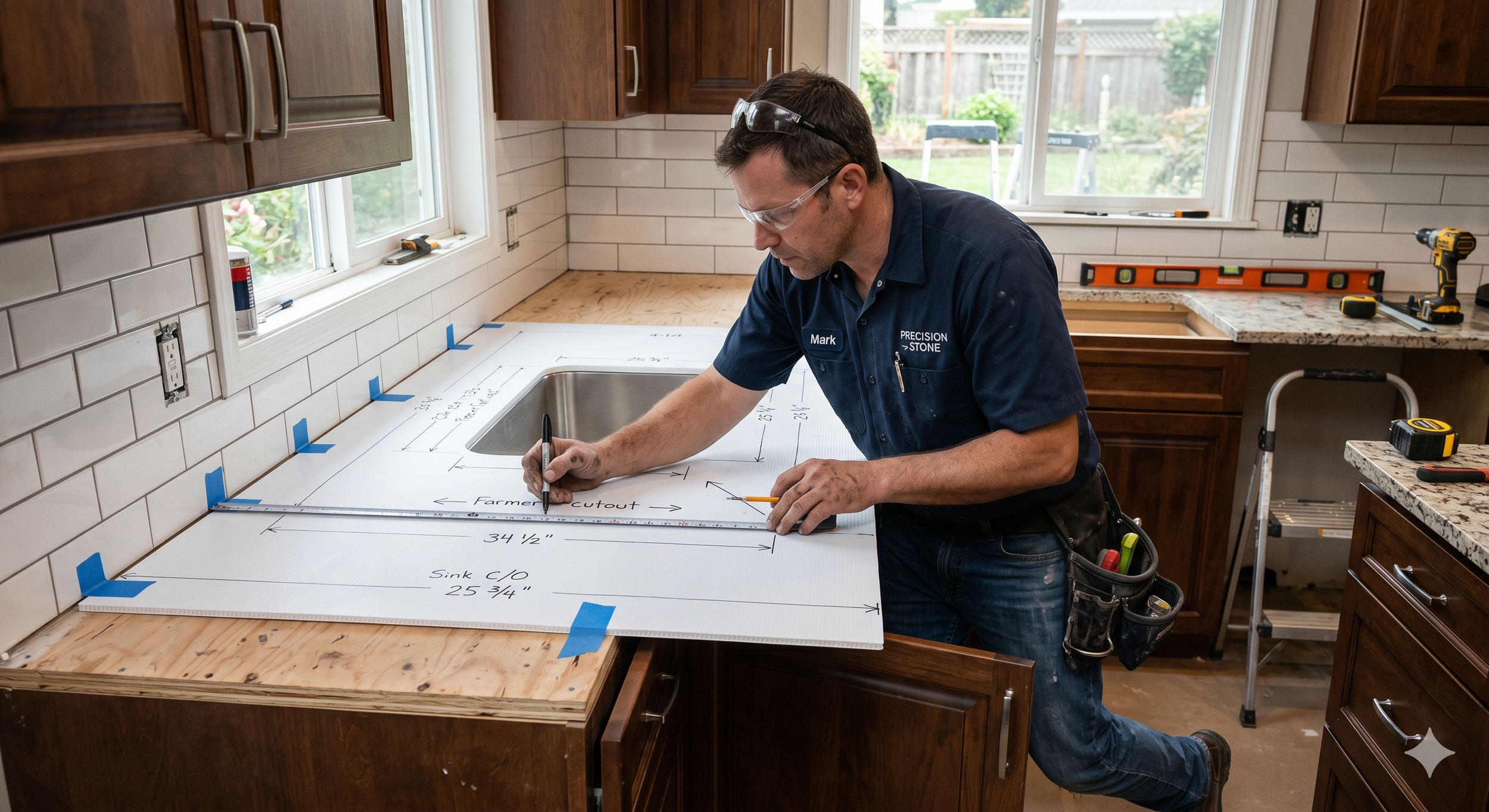 Man wearing safety glasses marks measurements on a countertop with a marker, preparing for kitchen renovation, with tools and construction plans on the surface.