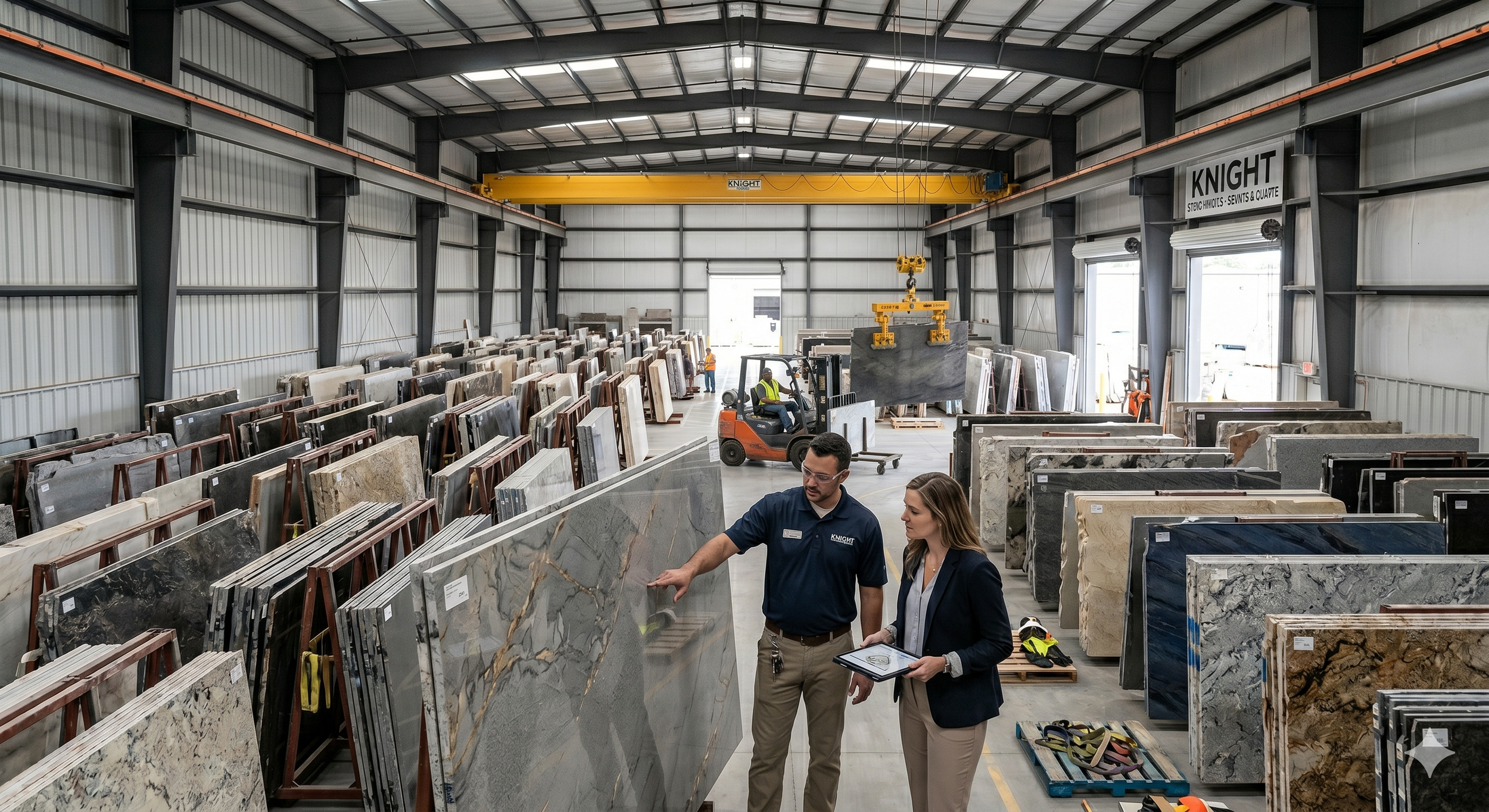 A warehouse with large slabs of marble and granite displayed on racks. Two people are discussing, while a forklift moves a large slab of stone. The warehouse has a high ceiling with a yellow overhead crane.