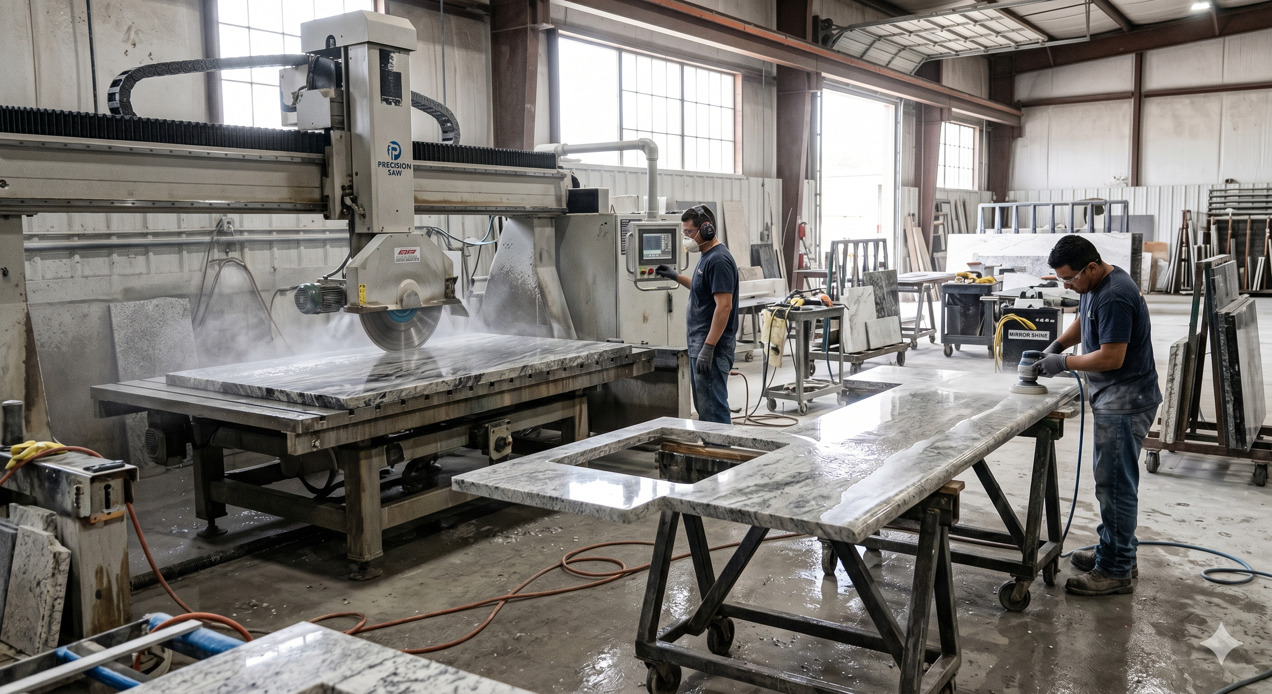 Two workers in a manufacturing facility are shaping white marble countertops. One worker operates a large CNC cutting machine, while the other is polishing a marble slab with a handheld tool. The workspace has natural light from large windows, and various supplies and tools are scattered around.