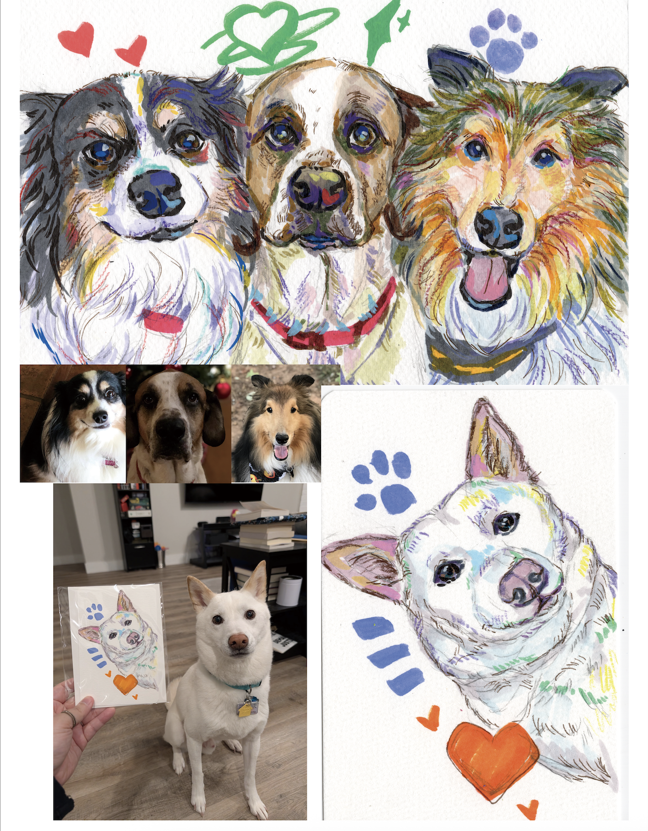 A colorful illustration of three dogs with expressive eyes, with hearts, a paw print, and a star drawn above them. Three real dogs are shown below the artwork: an Australian Shepherd, a Labrador Retriever mix, and a Shetland Sheepdog. Additional pict