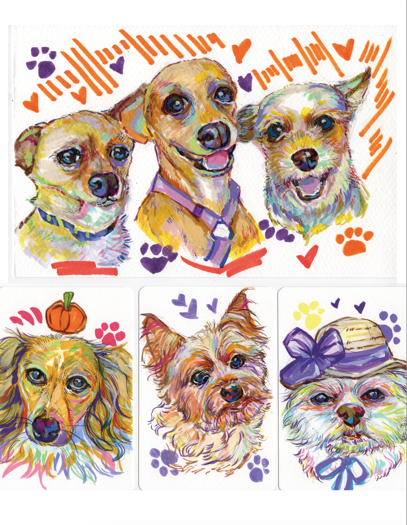 Colorful watercolor illustrations of various dogs with decorative elements such as hearts, paw prints, and ribbons.