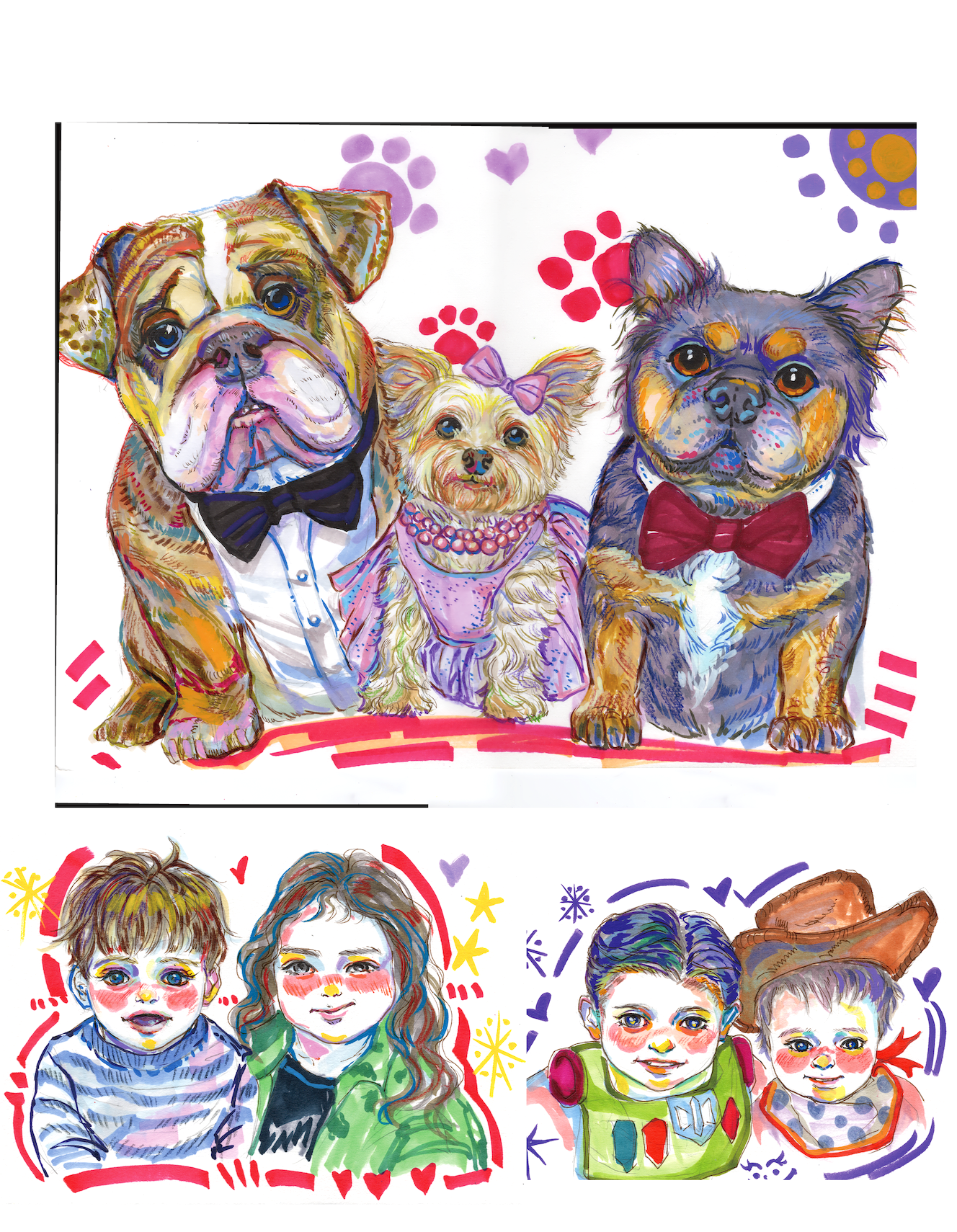 Colorful illustration of three dogs dressed in formal attire, with the middle dog wearing a pink dress and pearl necklace, and the dogs on sides wearing bow ties, against a background decorated with paw prints.