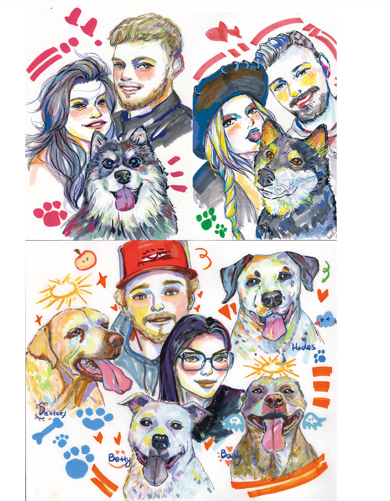 Colorful watercolor portraits of pet owners with their dogs, decorated with paw prints, hearts, and playful doodles.