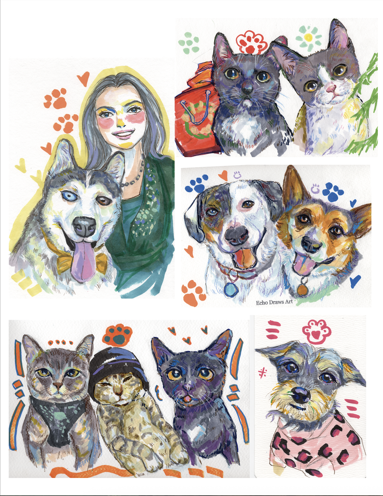 Colorful illustrations of various pets and pet owners, including dogs and cats, with decorative elements like hearts and paw prints.