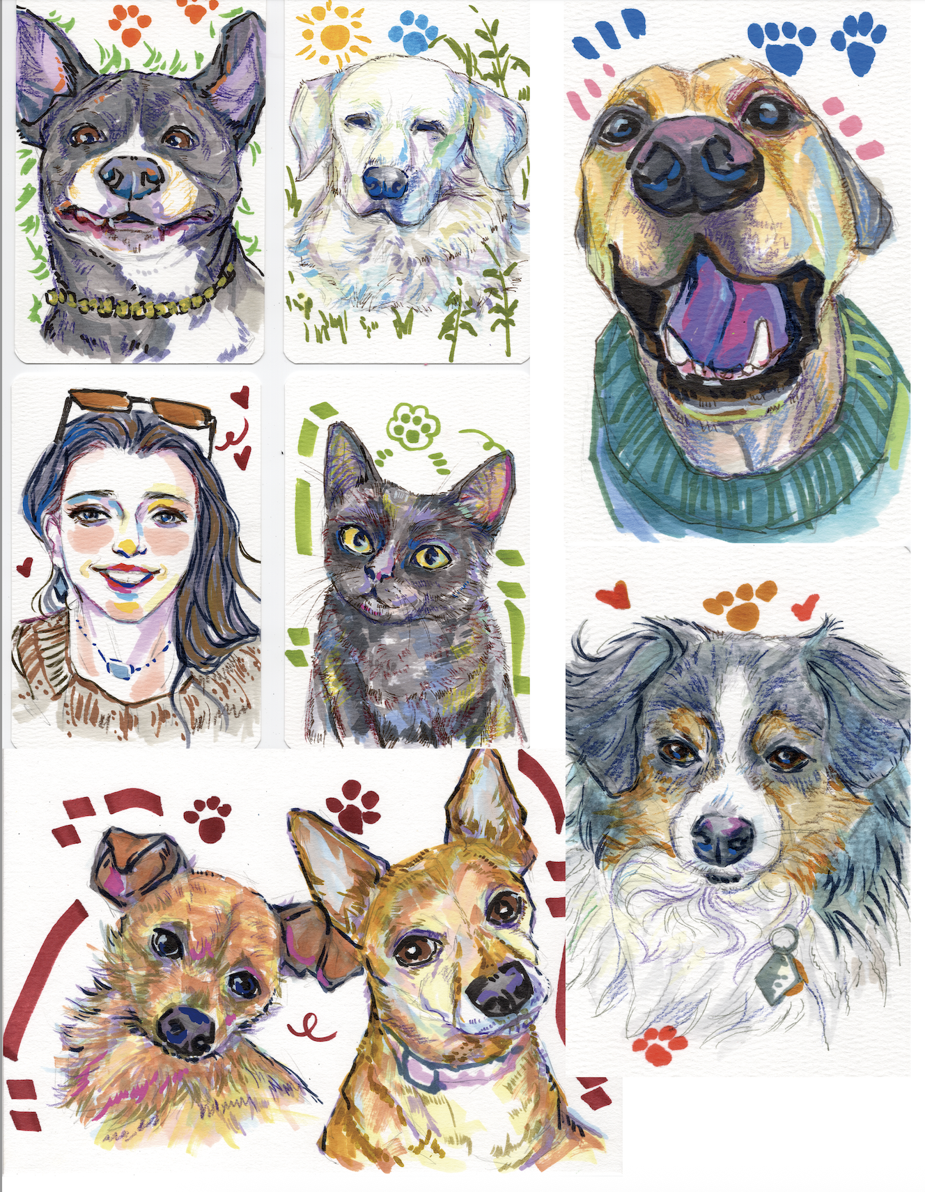 Collection of colorful, watercolor-style portraits of dogs, a cat, and a woman, with paw print and heart decorations in the background.