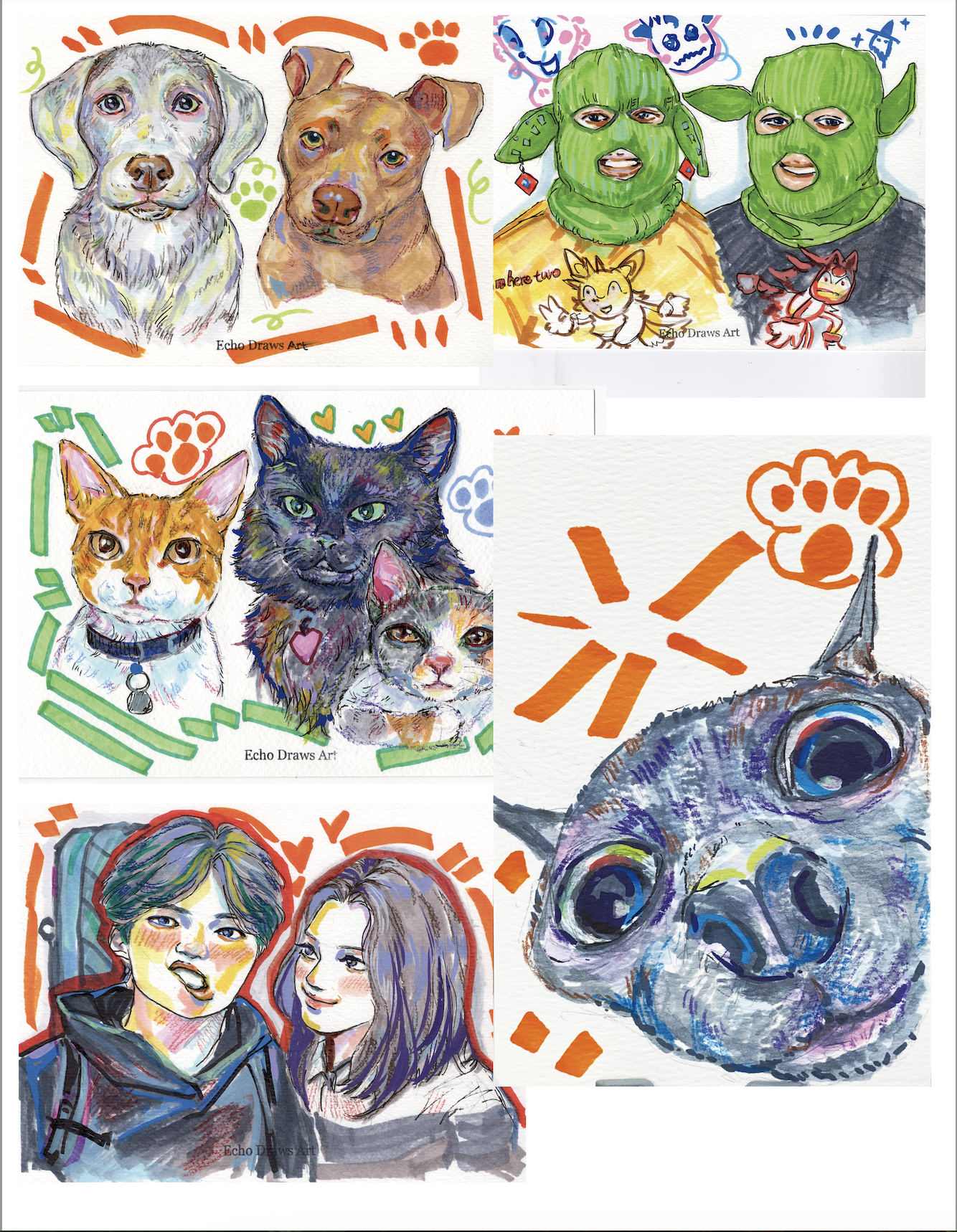 A collage of colorful, artistic illustrations of animals and people, including dogs, cats, and two individuals, created with vibrant watercolor and ink styles.