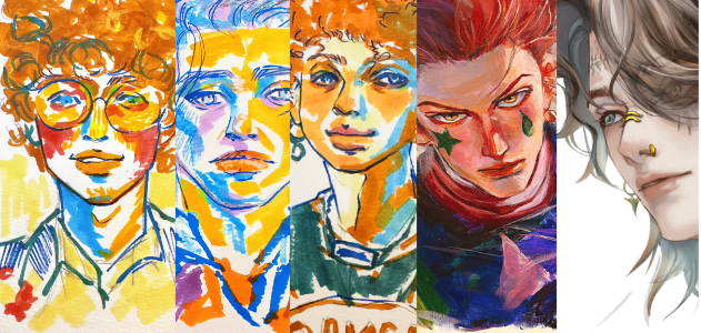 A collection of five stylized portraits of young women, each with distinct hair and expression styles.