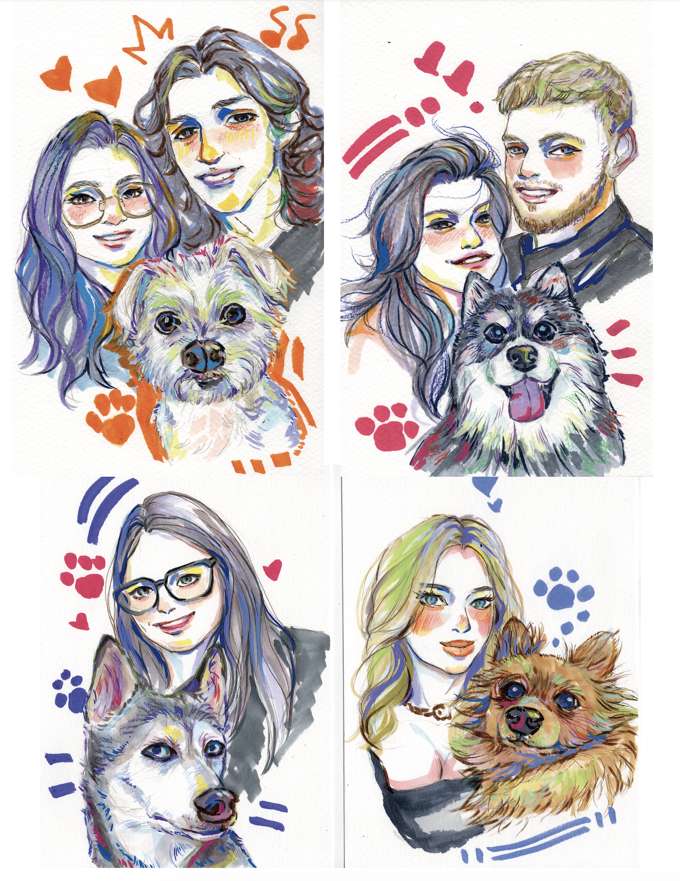 Four portraits of women and their dogs illustrated in colorful watercolor style, each with decorative hearts or paw prints.