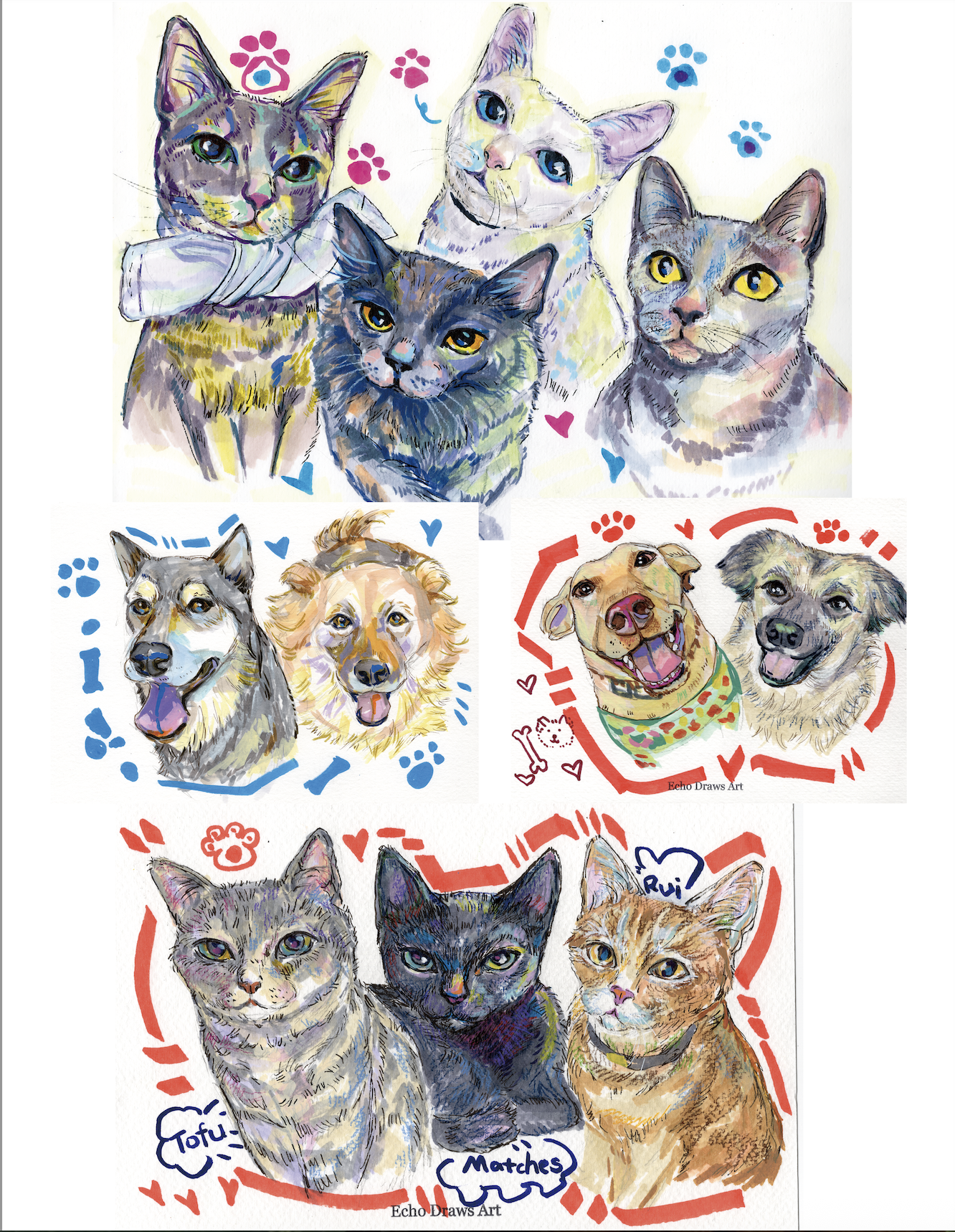 Colorful watercolor illustrations of cats and dogs, each with decorative elements and text labels.