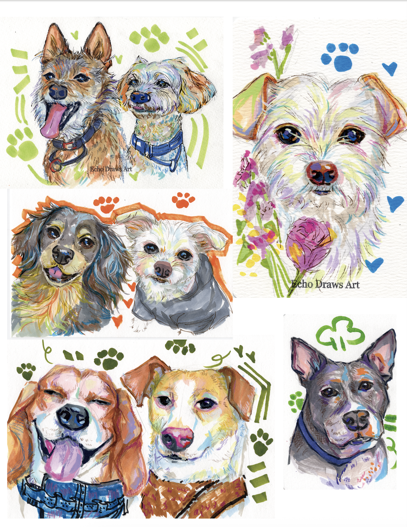 Collection of colorful watercolor-style dog portraits, each dog with various expressions and surrounded by paw print and heart decorations.
