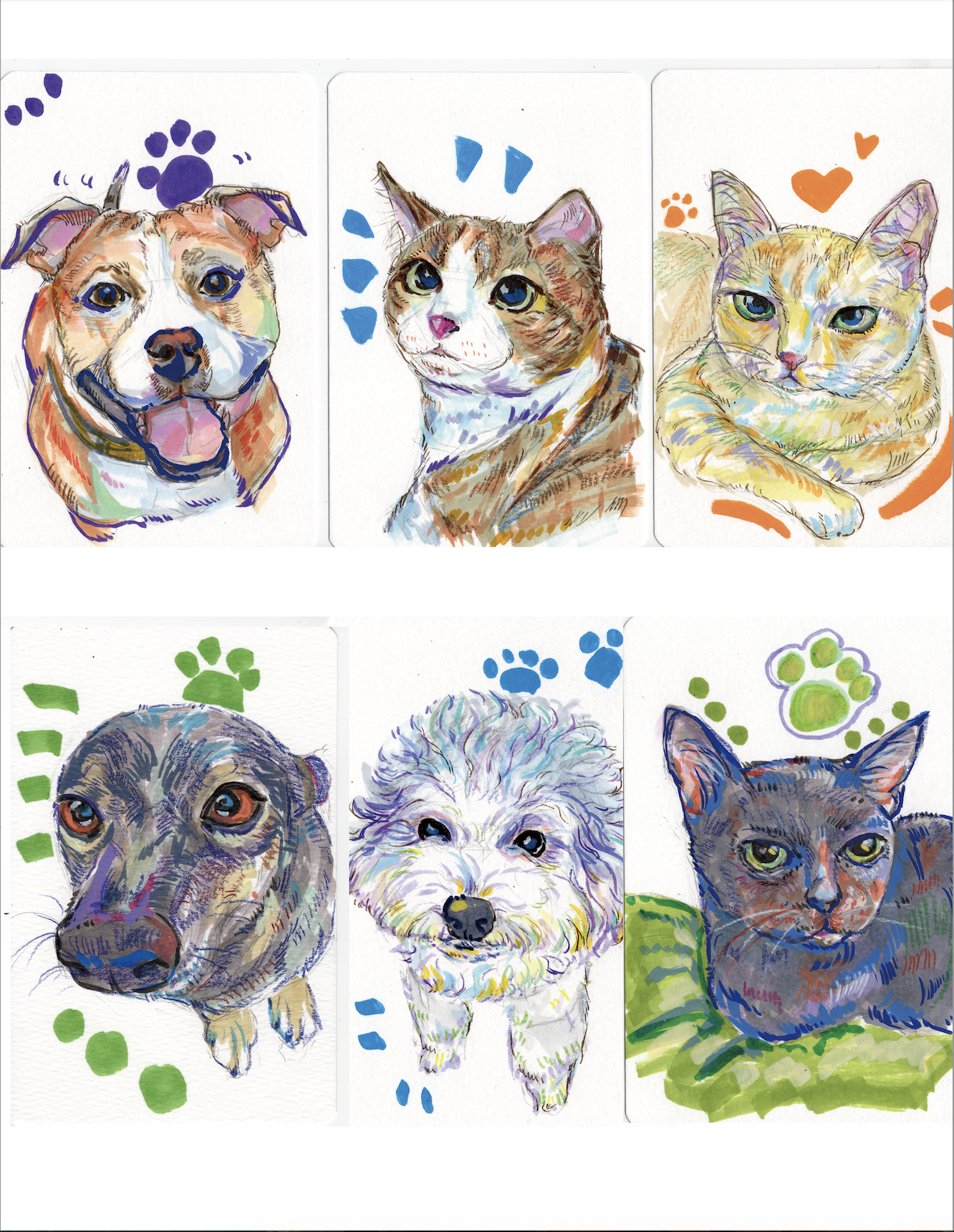 Six colorful, artistic illustrations of cats and dogs, each with unique background decorations like paw prints and hearts.