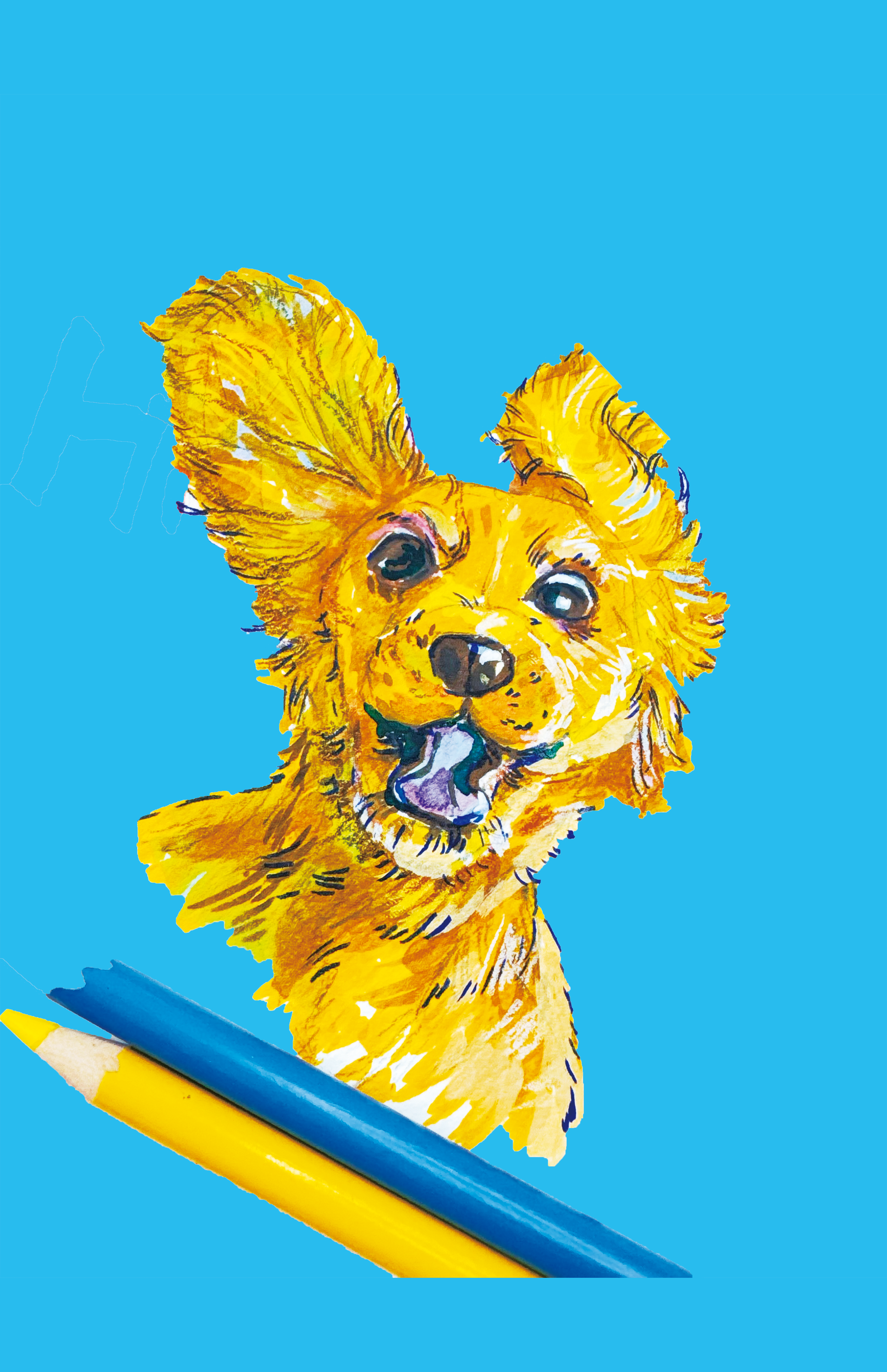 A colorful illustration of a happy dog with yellow fur against a bright blue background. The dog has large ears, a joyful expression, and is surrounded by a blue and yellow pen.