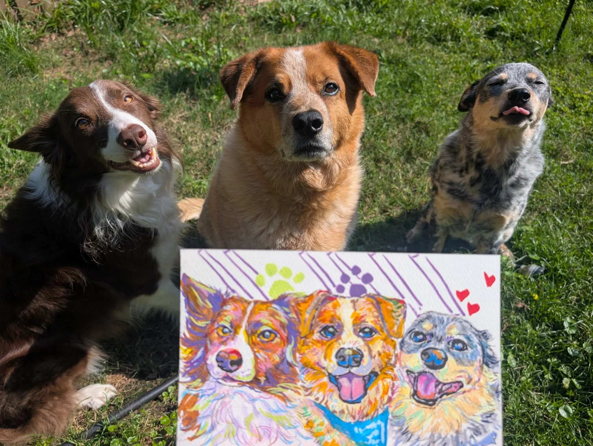 Three dogs sitting on grass behind colorful paintings of dogs.