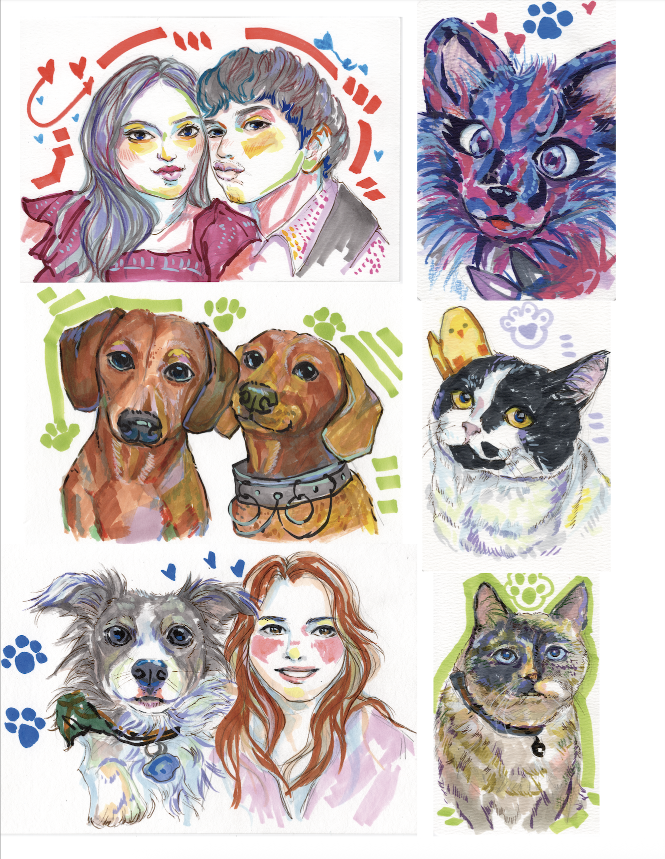 Colorful illustrations of various people and pets, including women, dogs, cats, a raccoon, and other animals, with decorative paw prints and hearts.