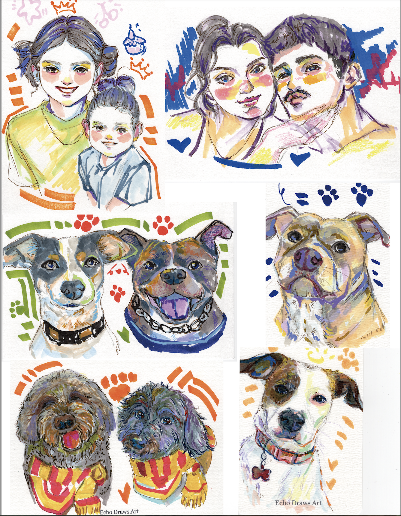 Colorful illustrations of various people and dogs, including young girls, a woman, a man, and multiple dog portraits, all rendered in a lively, sketchy style with vibrant accents.