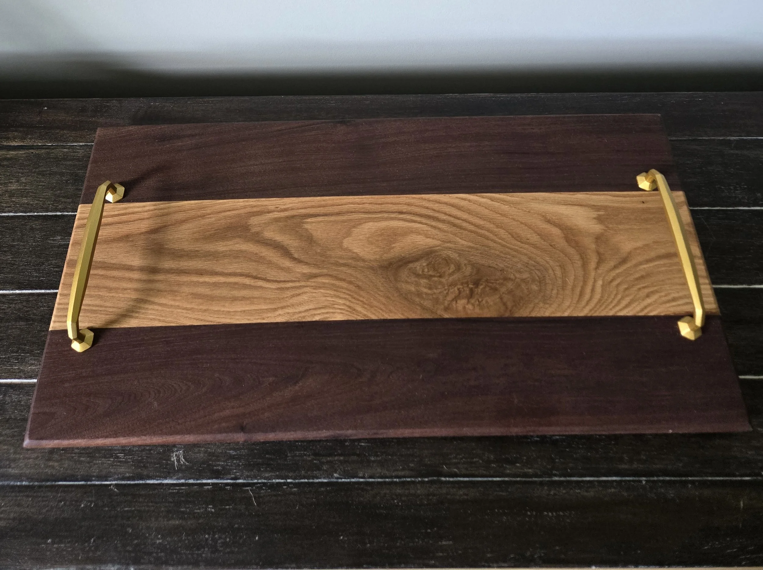 Black Walnut and Oak Serving Board with Gold Handles