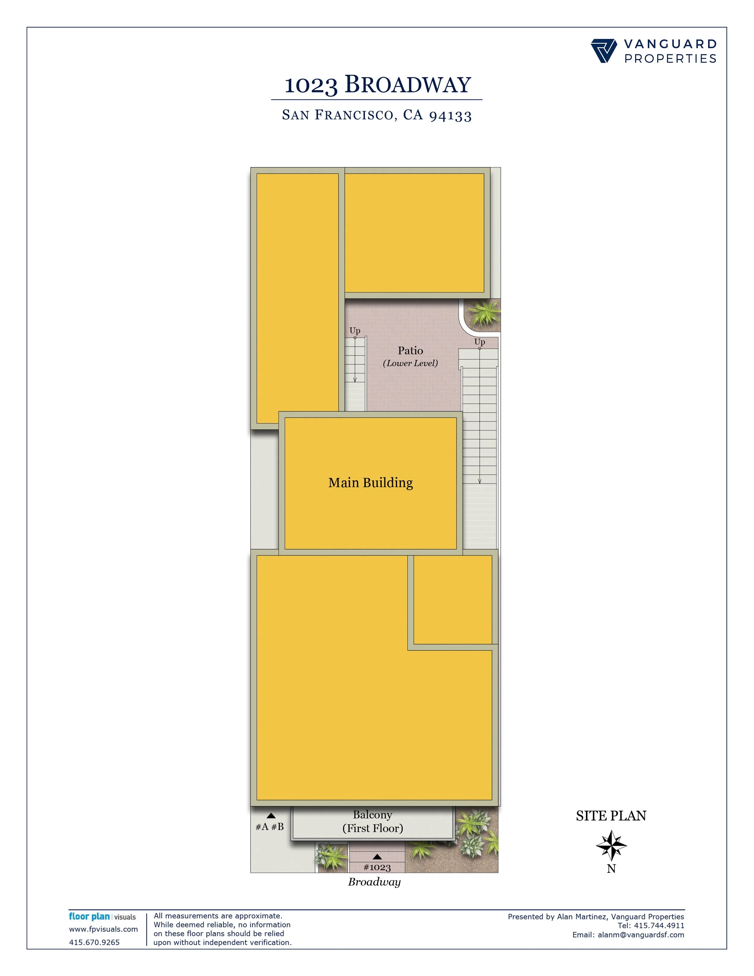 Site plan showing layout of buildings, patio, balcony, stairs, and landscaped areas at 1023 Broadway, San Francisco, CA, with a north arrow at the bottom right.