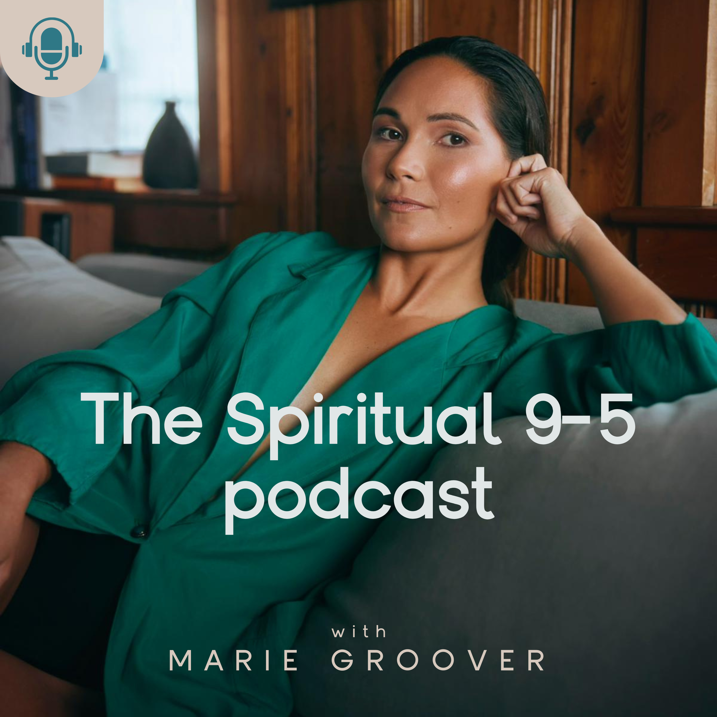 Close-up of a woman with dark hair and a teal shirt sitting on a couch inside a room with wooden paneling, with text overlay about a spiritual podcast.
