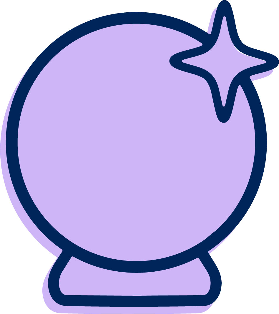 Light purple and dark blue crystal ball icon featuring a star sparkle in the upper right corner of the ball.