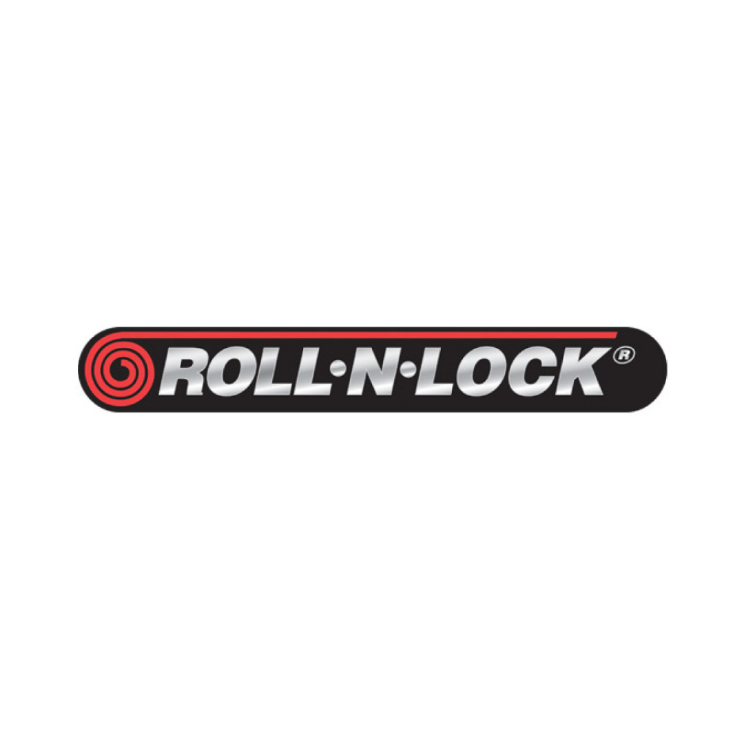 Roll-N-Lock logo with black background, silver text, red spiral, and red line.