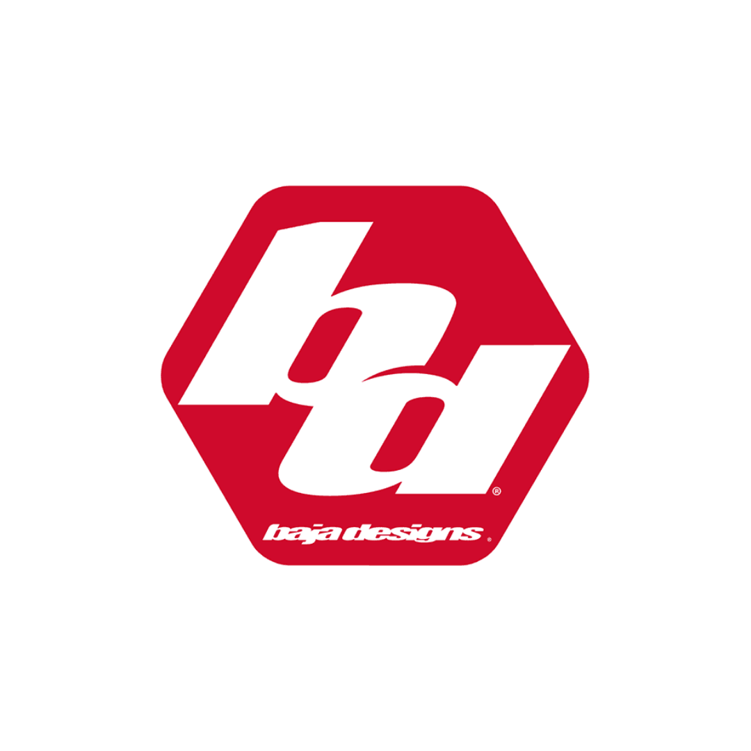 Baja Designs logo featuring a red hexagon with white stylized 'b' and 'd' letters and the text 'baja designs' beneath.