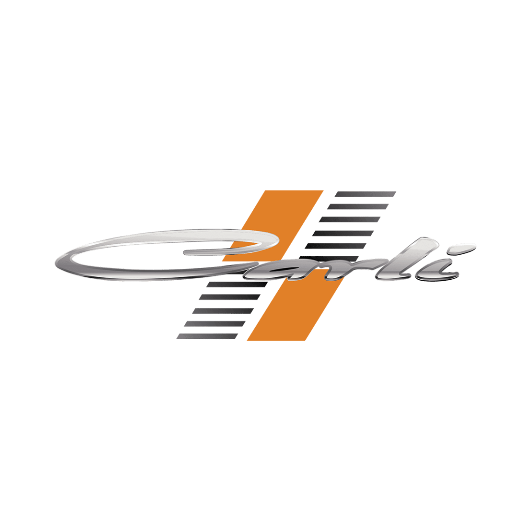 Carlo logo with a stylized orange and black striped design and silver cursive text.