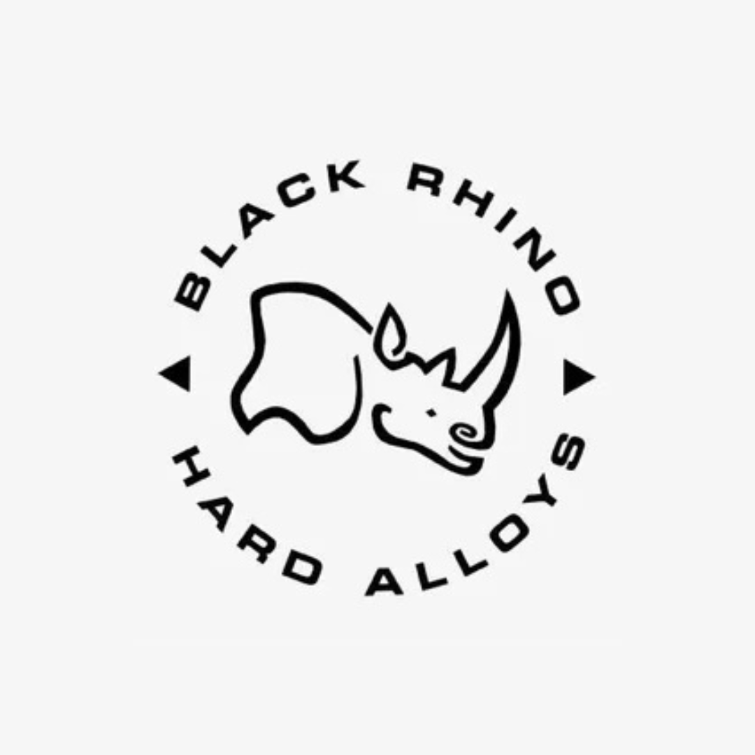Logo for Black Rhino Hard Alloy featuring a simple black outline of a rhinoceros head within a circle, with the text "Black Rhino" at the top and "Hard Alloy" at the bottom, separated by small black triangles.