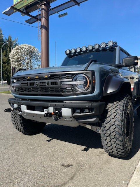 Black off-road vehicle with large tires, roof-mounted lights, and a winch, parked outside on a sunny day.