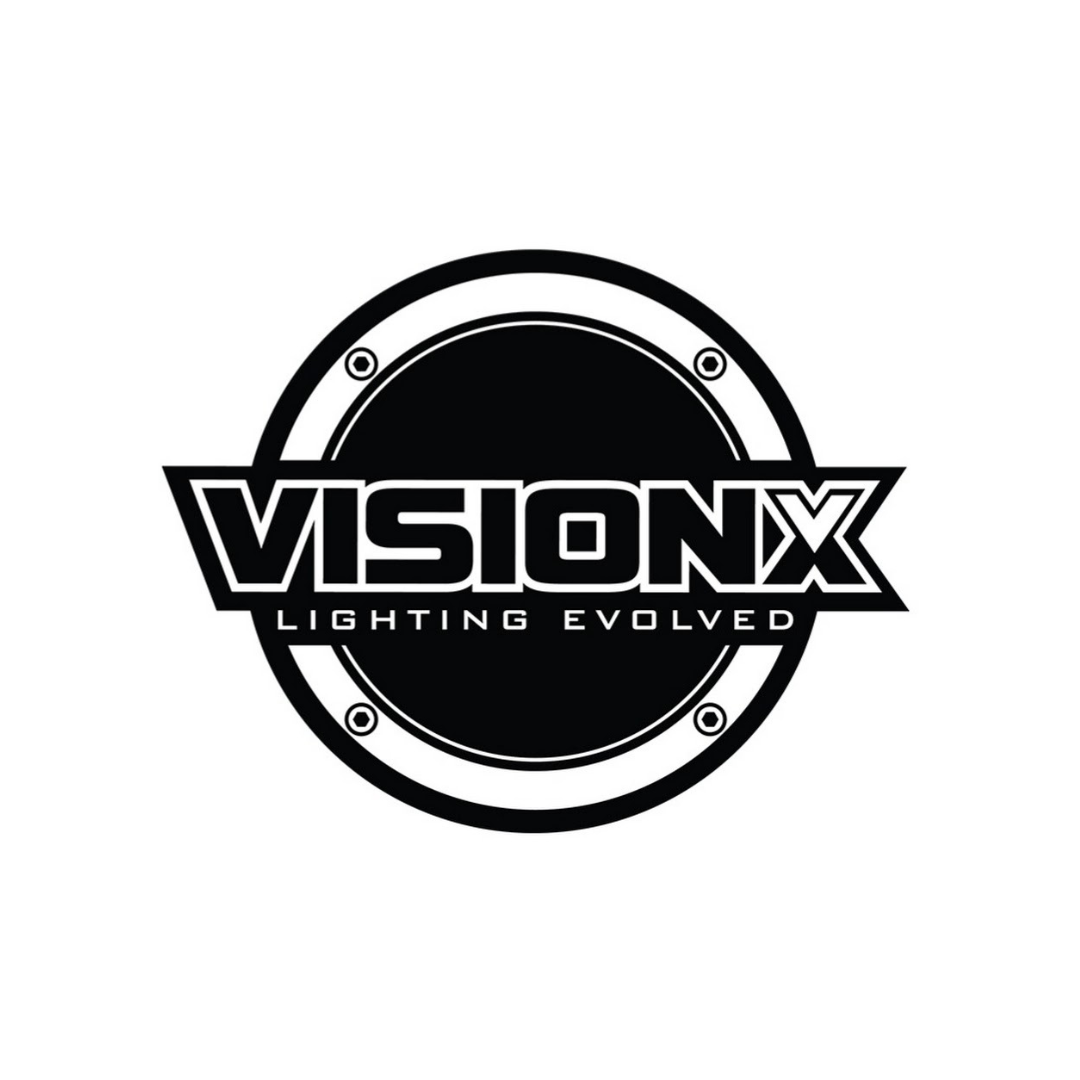 Black and white logo for VISIONX with the tagline 'Lighting Evolved', featuring a speaker or subwoofer graphic.