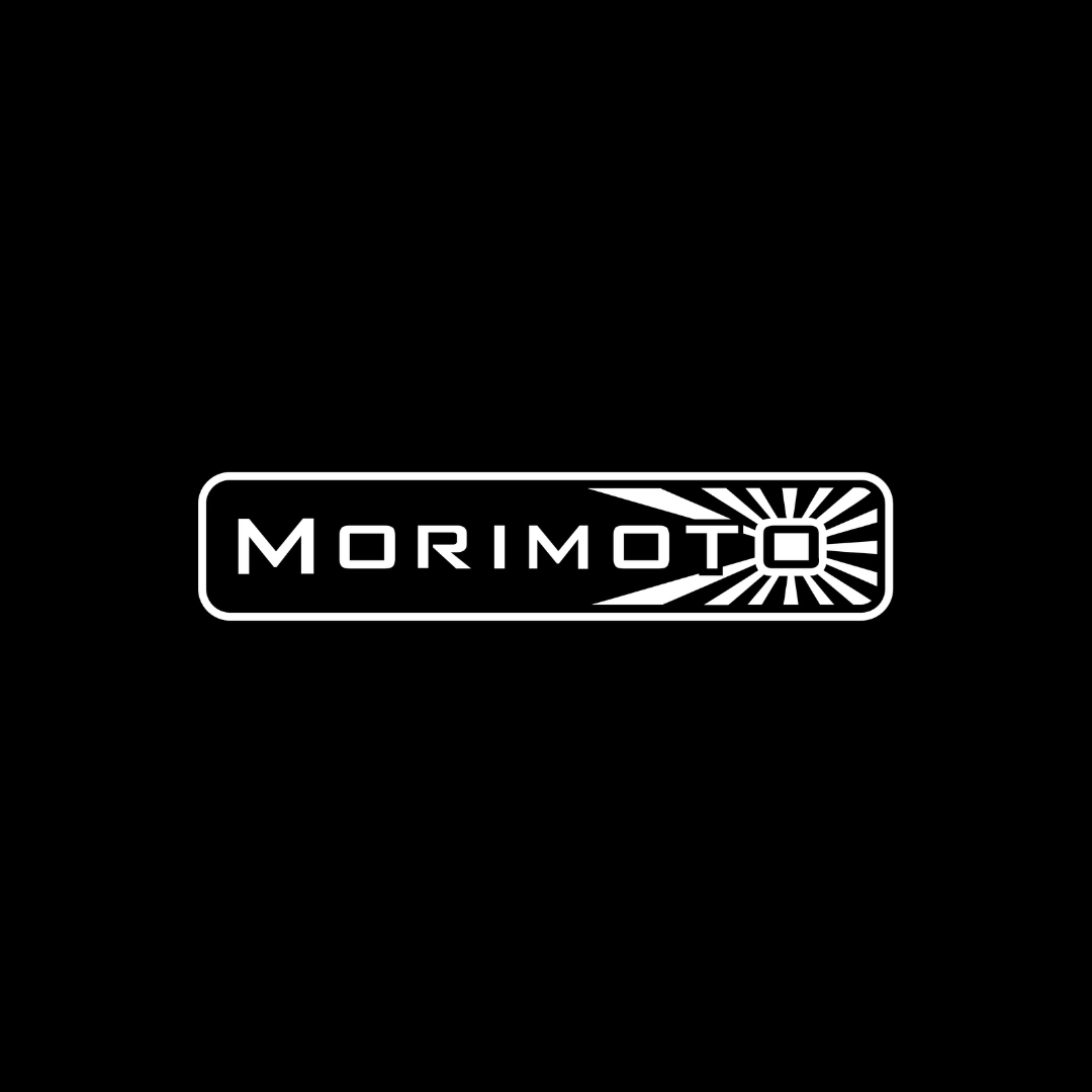 Black background with a white rectangular logo containing the word 'MORIMOTO' and a sunburst design to the right.
