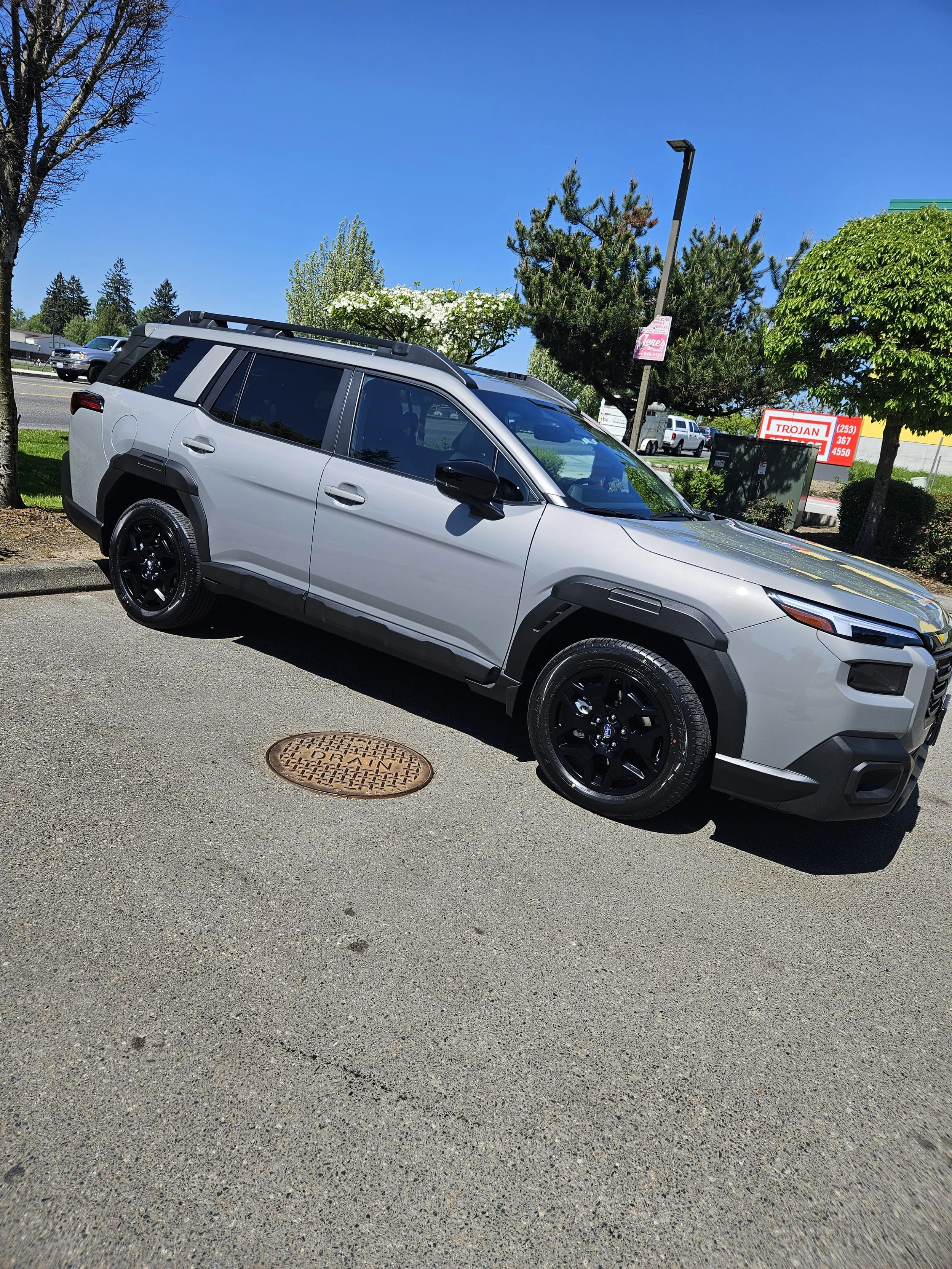 Gray SUV parked on a street next to a sidewalk with a manhole cover nearby. Background features trees, a utility box, and a parking lot with other vehicles, under a clear blue sky.
