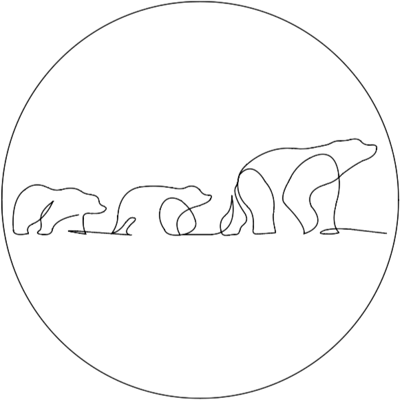 Line drawing of three bears walking in a line, with the smallest bear on the left and the largest bear on the right, within a circular border. Drawn by Brenna Wakefield at Vow to Alpenglow Photography. Leave No Trace, be respectful of wildlife
