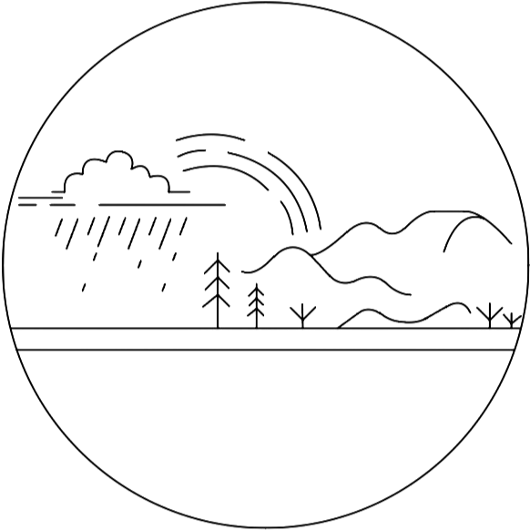 Line art of a landscape with a rainstorm, trees, mountains, and a rainbow within a circular border. Drawn by Brenna Wakefield at Vow to Alpenglow Photography. Leave No Trace, plan ahead and prepare.