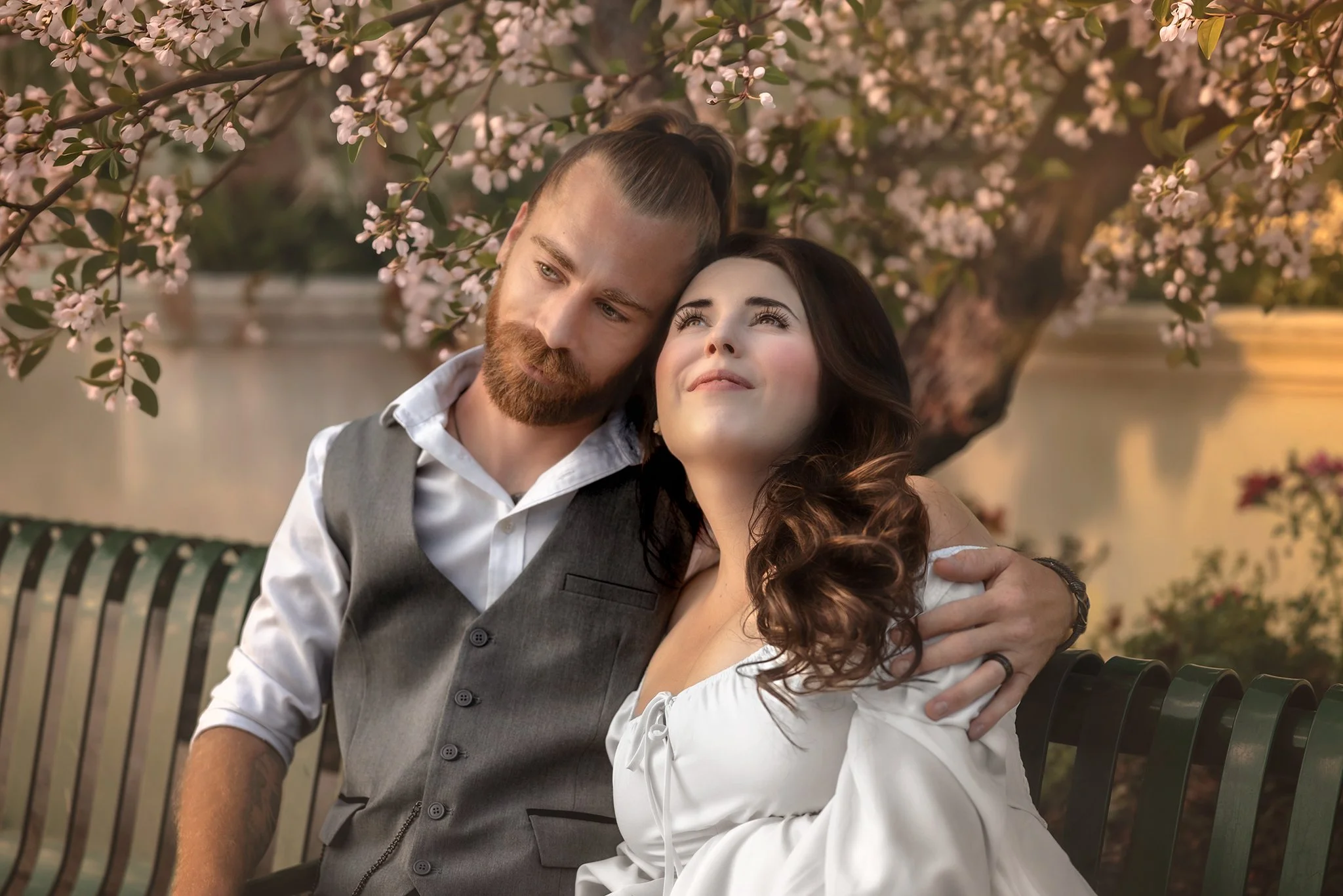 An edit inspired by painterly style choices. Golden hour cuddles on a park bench in Greeley, Colorado