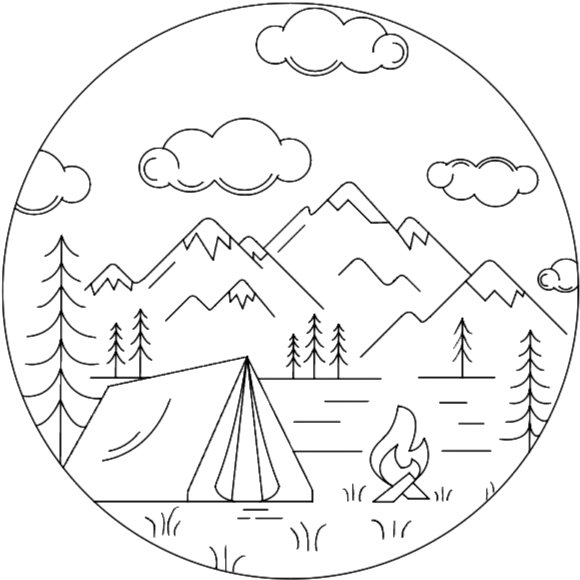 Drawing of a mountain landscape with a tent, campfire, trees, and mountains under a sky with clouds. Drawn by Brenna Wakefield at Vow to Alpenglow Photography. Leave No Trace, minimize campfire impacts and follow fire bans.