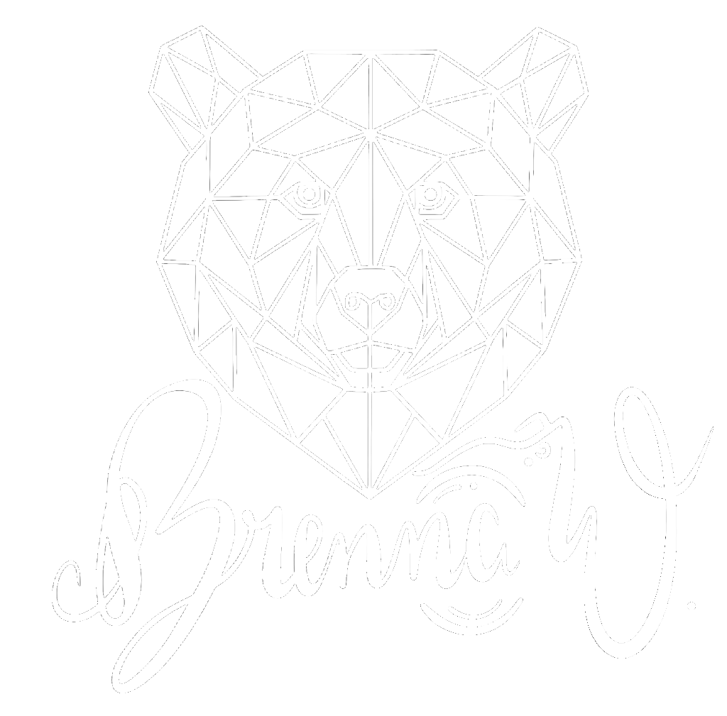 Illustration of a bear's face made with white geometric lines on a black background, with the word 'Brenna W' written below in cursive.