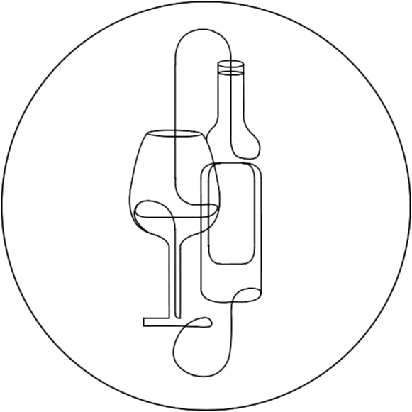 A minimalist line drawing of a lab flask, test tube, and glassware interconnected within a circle, representing chemistry or scientific research. Drawn by Brenna Wakefield at Vow to Alpenglow Photography. Leave No Trace, no glass bottles or items.