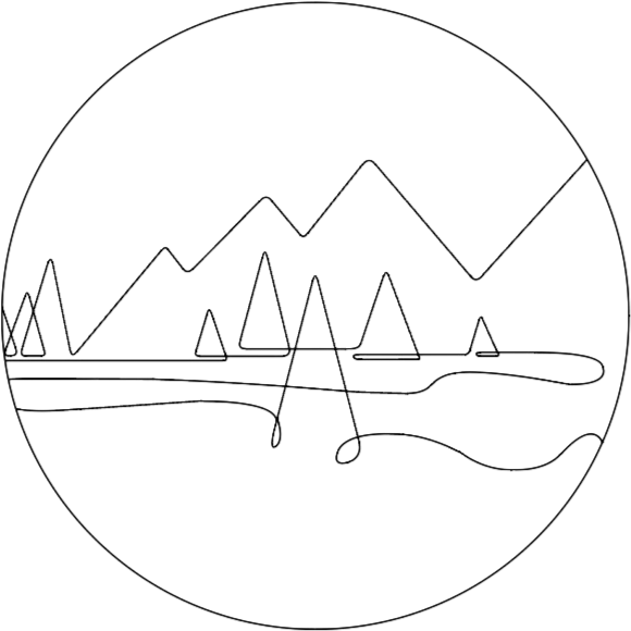 A black and white line drawing of mountains, a lake, trees, and a sky within a circular frame. Drawn by Brenna Wakefield at Vow to Alpenglow Photography. Leave No Trace, only travel and camp on durable surfaces. Stay off of the tundra!
