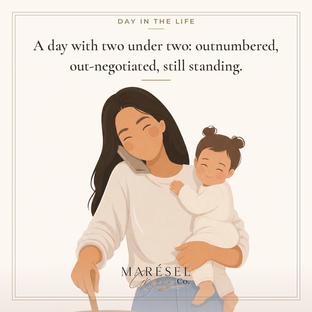 A day with two under two, outnumbered from the moment your feet hit the floor, out negotiated by a toddler who somehow already understands leverage better than most adults, and still standing by the time the lights go off. If you made it to bedtime t
