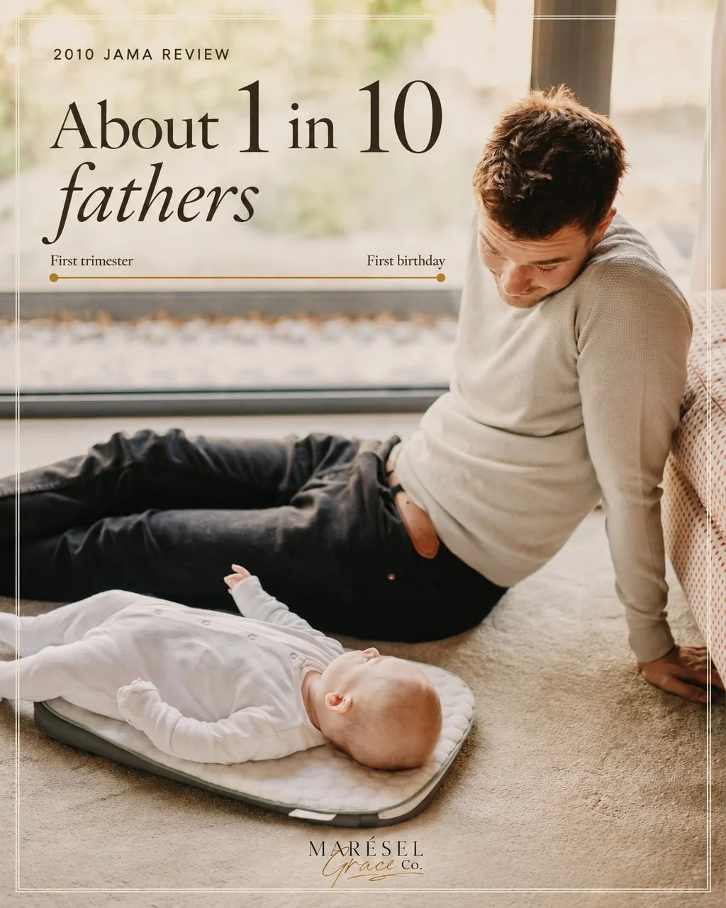 We tend to put the start line for a new dad's hard season at the birth. The window the 2010 JAMA review measured opens months earlier, in the first trimester.

That review, which we cite on our site, found that about 1 in 10 fathers experienced depre
