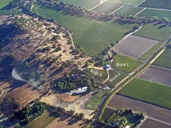 Aerial view of farmland divided into blocks with labels 'Block 1,' 'Block 2,' and 'Block 3.' The landscape includes fields, trees, and a few buildings.