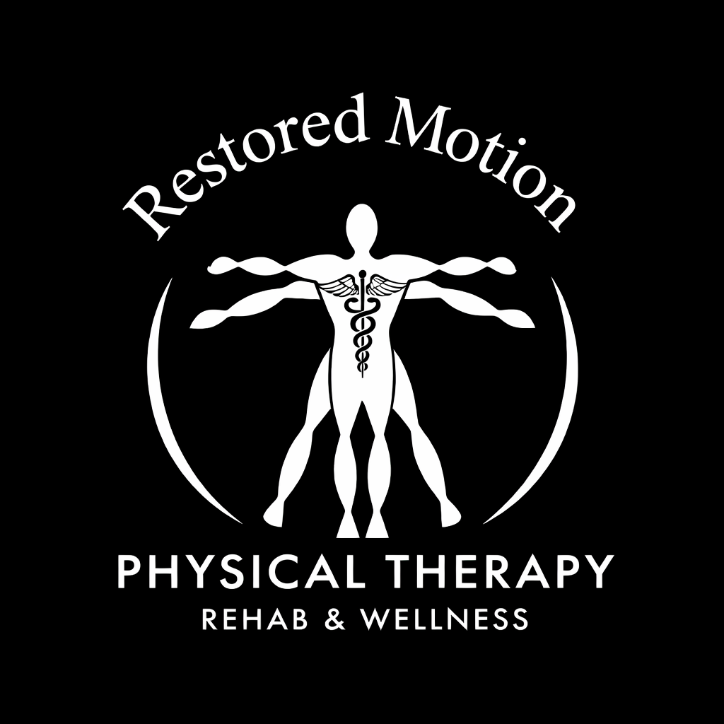 Logo for Restored Motion Physical Therapy featuring a stylized human figure with merged bodies, a caduceus symbol on the chest, and text indicating rehabilitation, wellness, and therapy services.