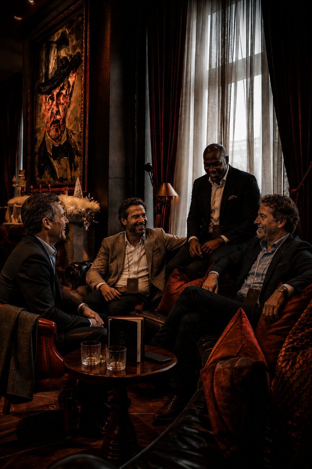 Group of four men in suits laughing and talking in a cozy, dimly lit lounge or hotel lobby with heavy curtains and a large framed painting on the wall.