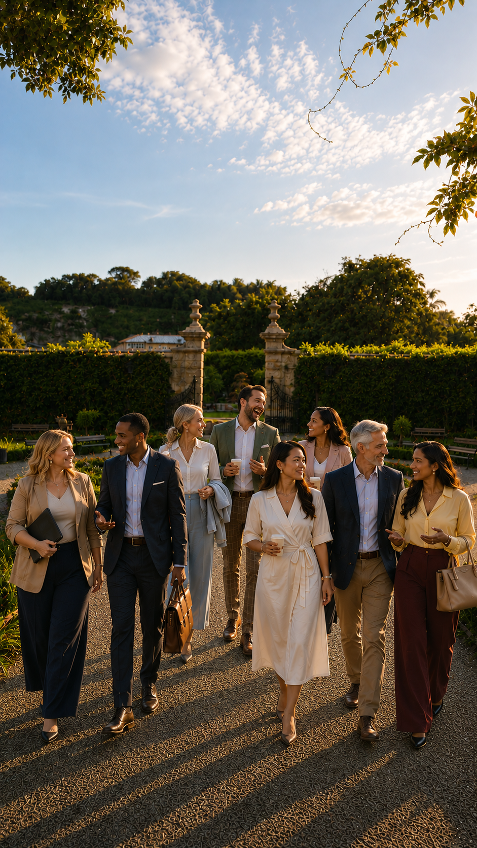 A diverse group of eight people walking outdoors in the late afternoon or early evening, smiling and talking, with greenery and a decorative gate in the background.