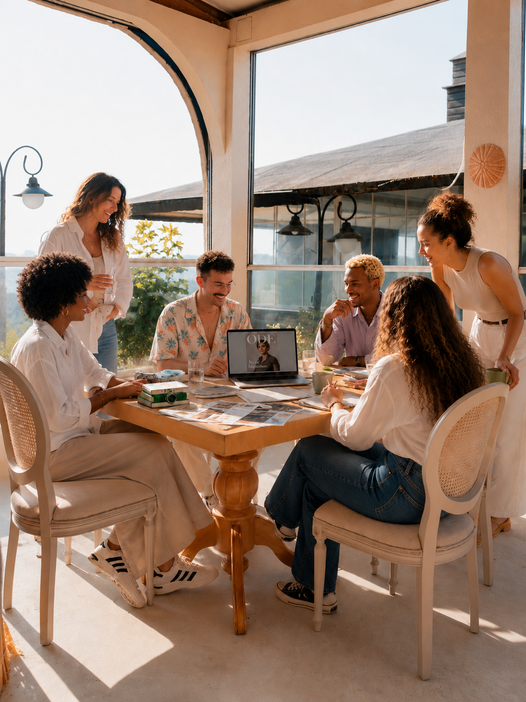 Group of six young adults sitting and standing at a dining table, smiling and chatting during daytime, with sunlight coming through large windows behind them.