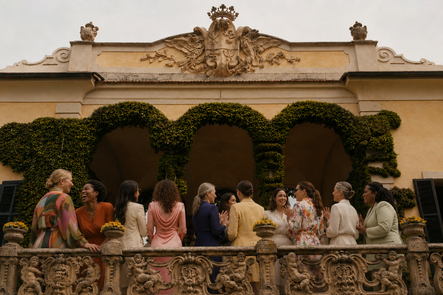 A group of women in colorful dresses and blouses are standing on a decorative balcony, smiling and engaging in conversation. Behind them, the building has a yellow facade with green ivy and ornate architectural details, including a crest and sculptures.